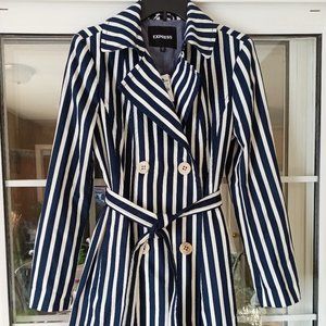 Express Casual Navy Blue & White Striped Belted Trench Coat